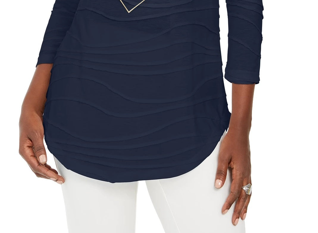 JM Collection Women's Wavy Textured Knit Top Blue Size Medium