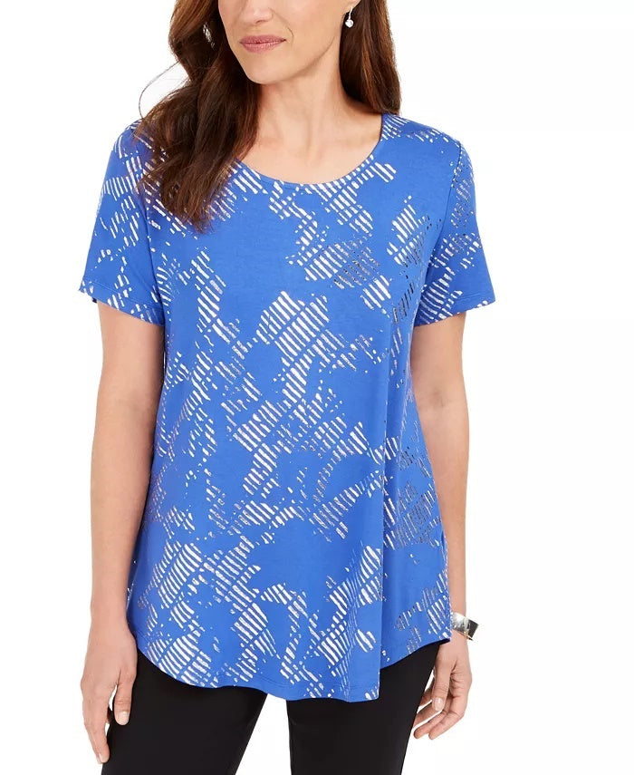 JM Collection Women's Short Sleeve Metallic Print T-Shirt Blue Size Small