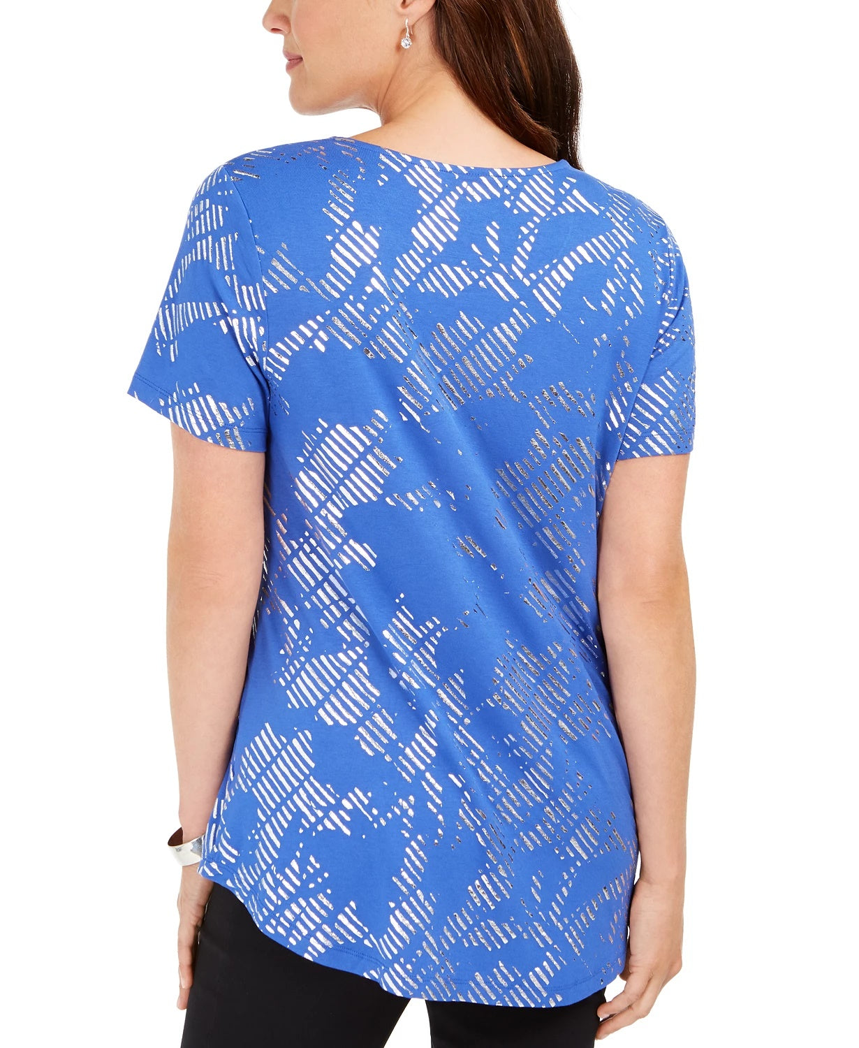 JM Collection Women's Short Sleeve Metallic Print T-Shirt Blue Size Small