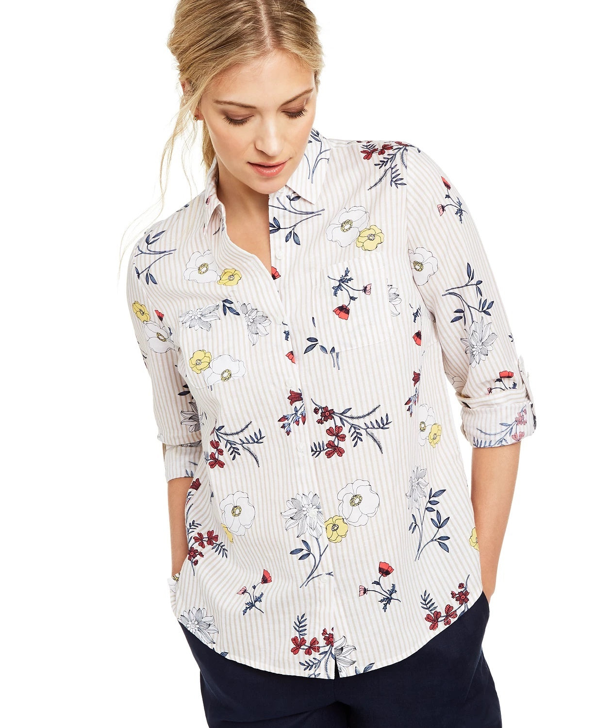 Charter Club Women's Floral-Print Button-Down Linen Shirt Red Size Medium