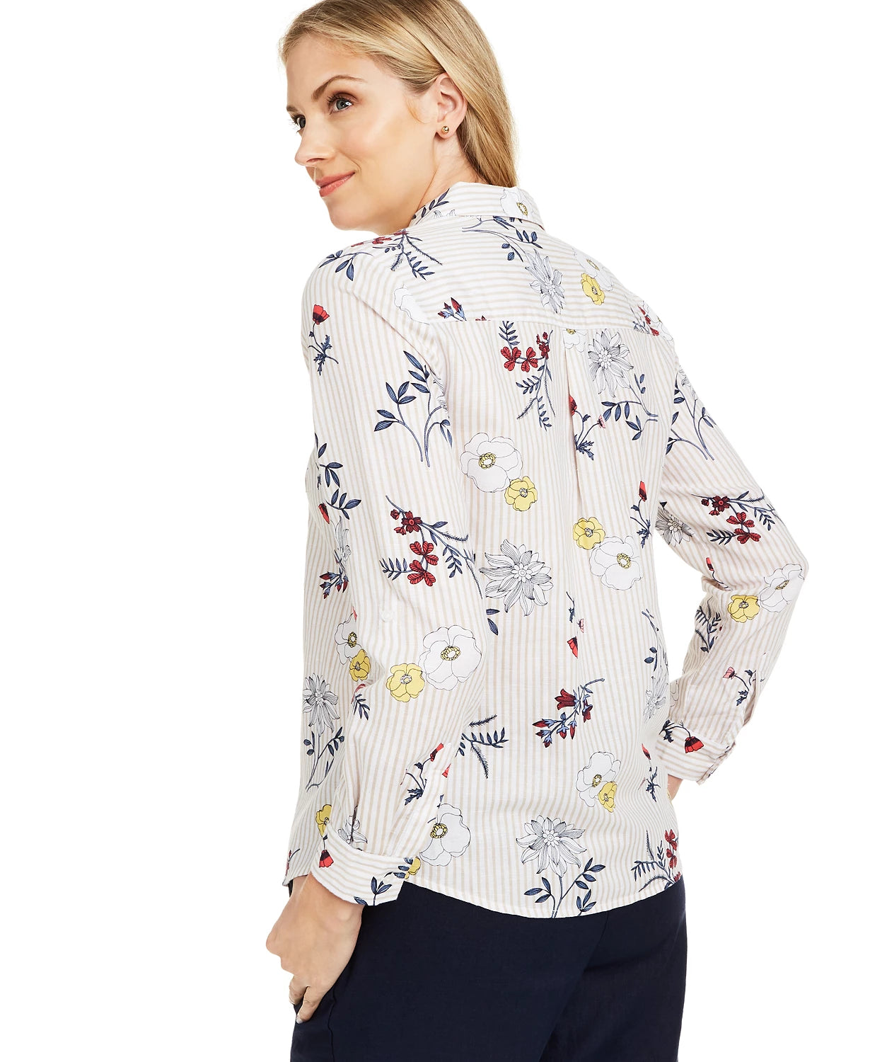 Charter Club Women's Floral-Print Button-Down Linen Shirt Red Size Medium