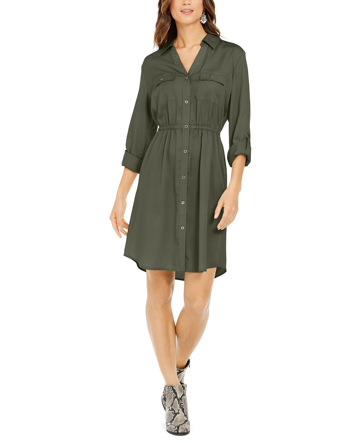 Style & Co Women's Solid Utility Shirtdress Green Size X-Large