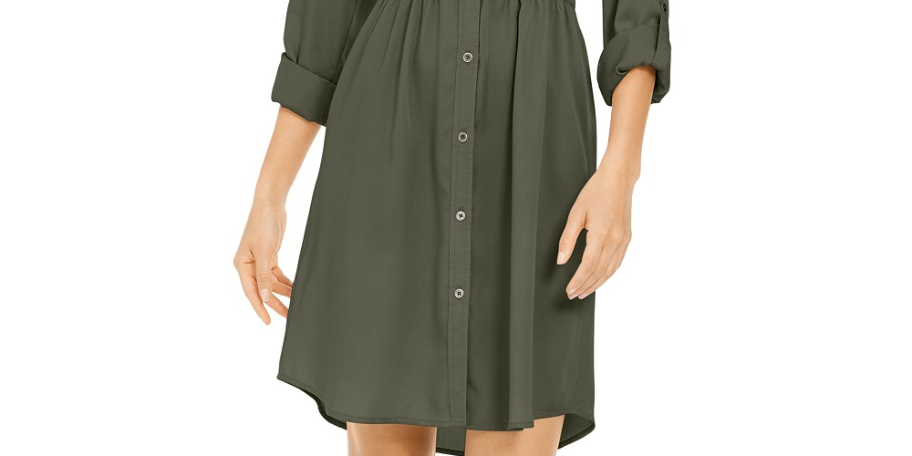 Style & Co Women's Solid Utility Shirtdress Green Size X-Large