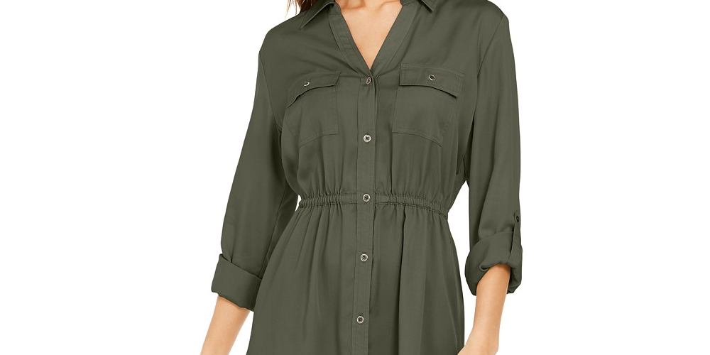 Style & Co Women's Solid Utility Shirtdress Med Green Size X-Small