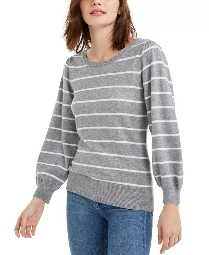 Maison Jules Women's Striped Puff-Sleeve Sweater Gray Size X-Small