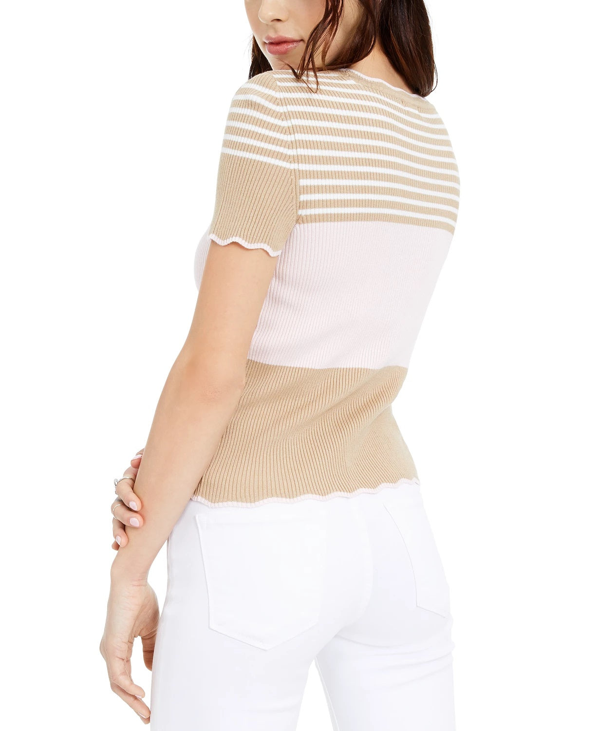 Maison Jules Women's London Printed Scalloped Top Beige Size Small