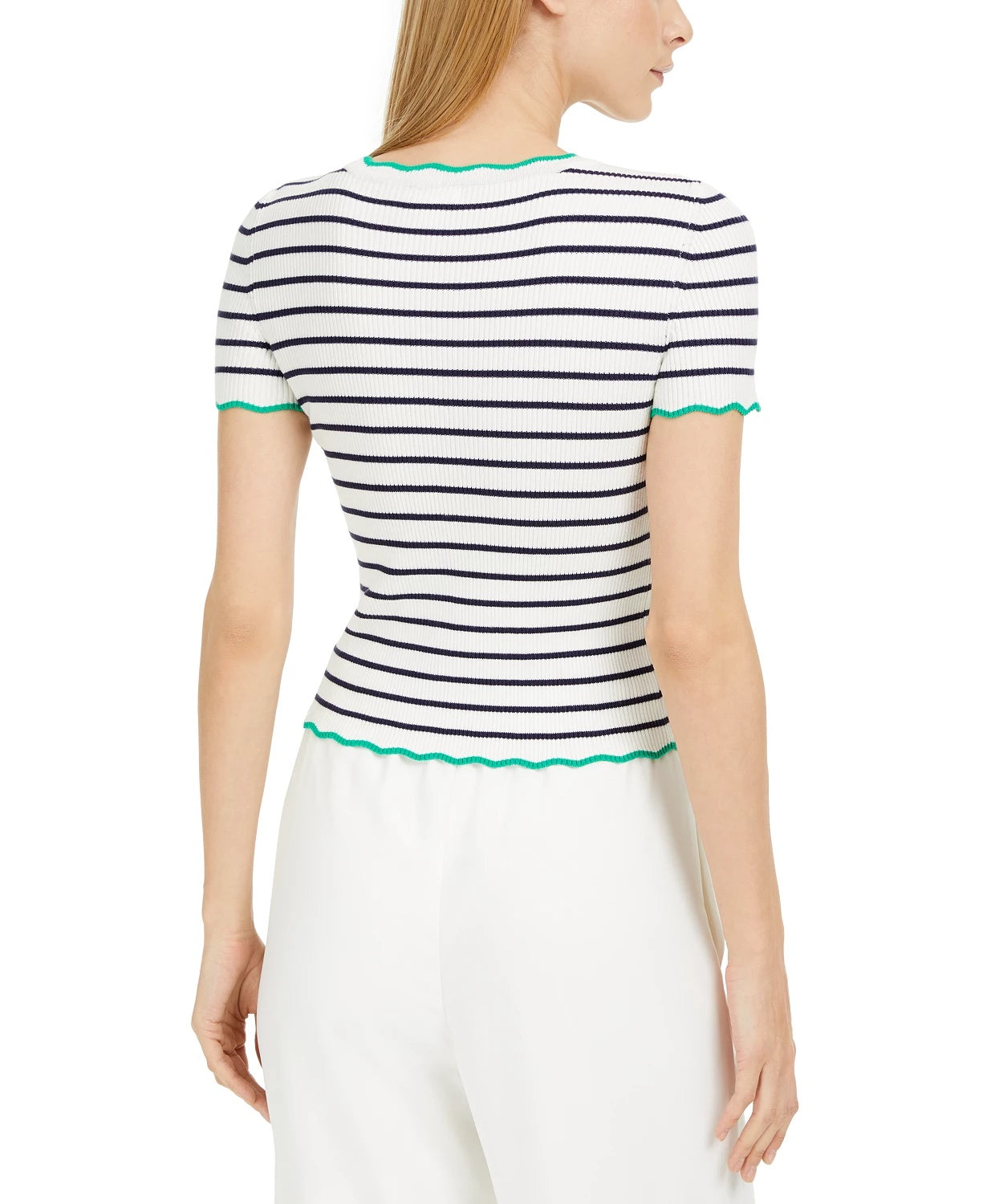 Maison Jules Women's Striped Wavy Trim Sweater White Size Small