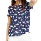 Maison Jules Women's Floral-Print Button-Back Woven Top Navy Size Large