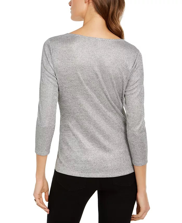 INC International Concepts Women's Criss Cross Shine Top Silver Size Medium