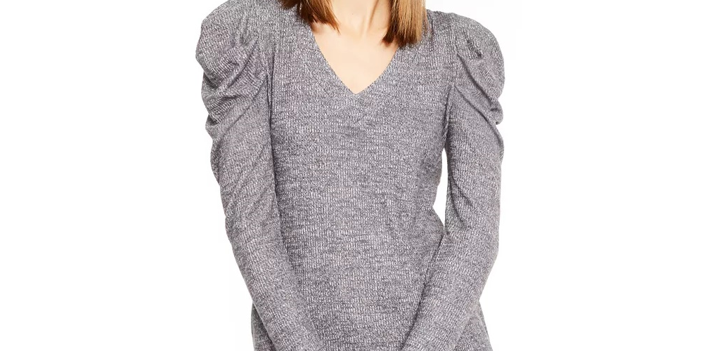 INC International Concepts Women's V-Neck Puff-Sleeve Knit Top Gray Size X-Large