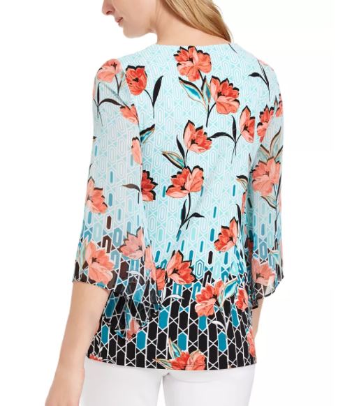 JM Collection Women's Gatsby Printed Lattice Neck Top Navy Size Medium