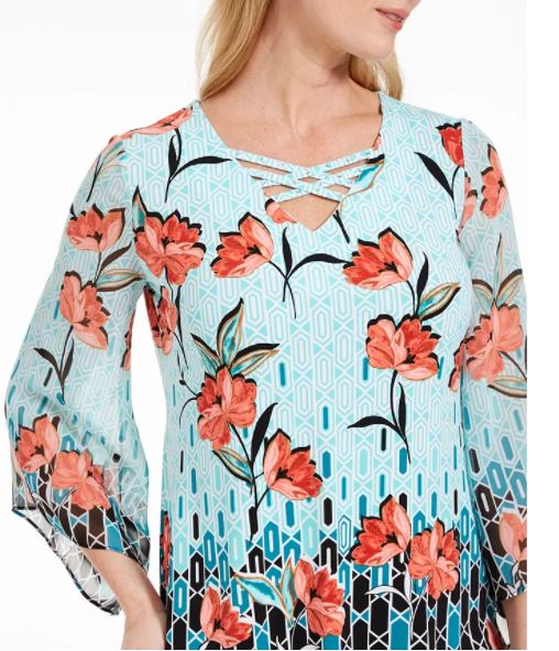 JM Collection Women's Gatsby Printed Lattice Neck Top Navy Size Medium