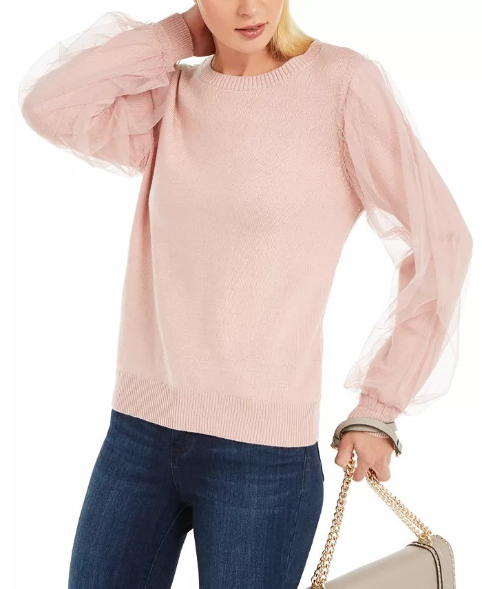 INC International Concepts Women's Tulle-Sleeve Sweater Pink Size XX-Large