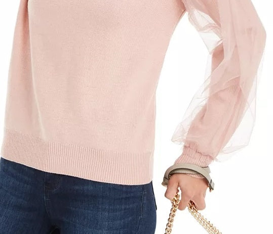 INC International Concepts Women's Tulle-Sleeve Sweater Pink Size XX-Large