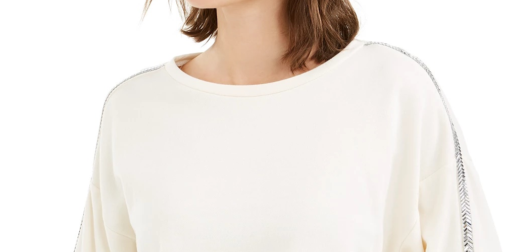 Bar III Women's Shine Stripe Sweatshirt White Size X-Large