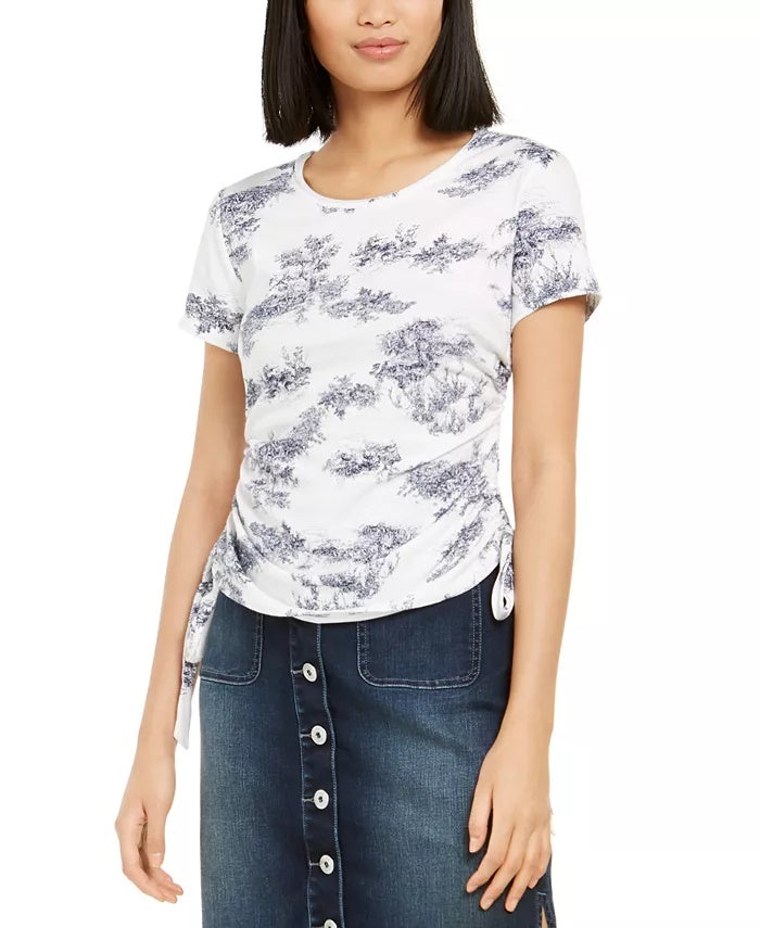 INC International Concepts Women's Toile Print Ruched Side Top White Size Large