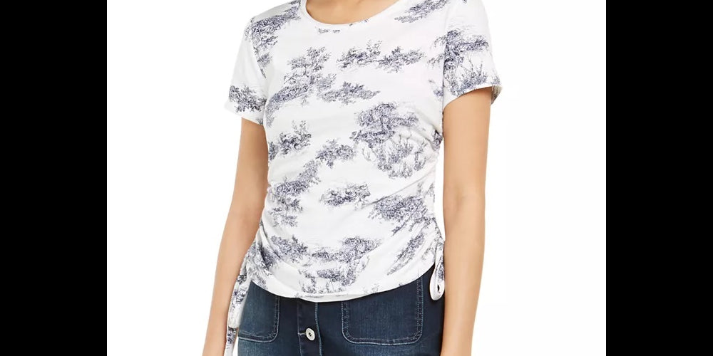 INC International Concepts Women's Toile Print Ruched Side Top White Size Large
