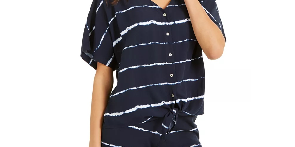 Style & Co Women's Striped Tie Dyed Tie Front Blouse Navy Size Large