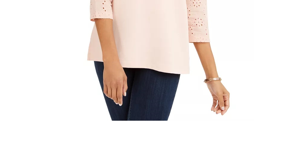 Style & Co Women's Eyelet Sleeve Cotton Top White Size Large