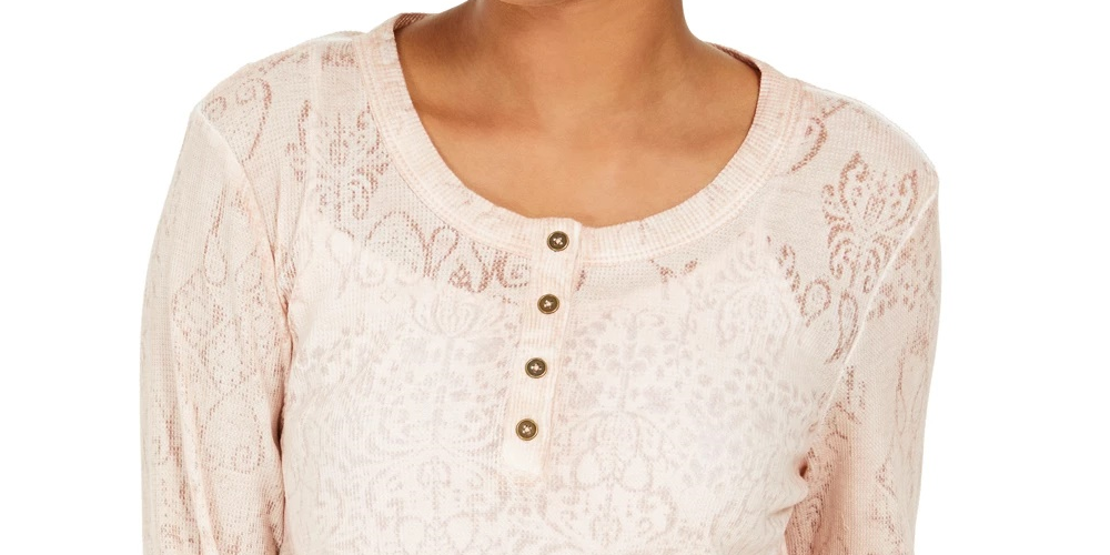 Style & Co Women's Lace Henley Top White Size Large