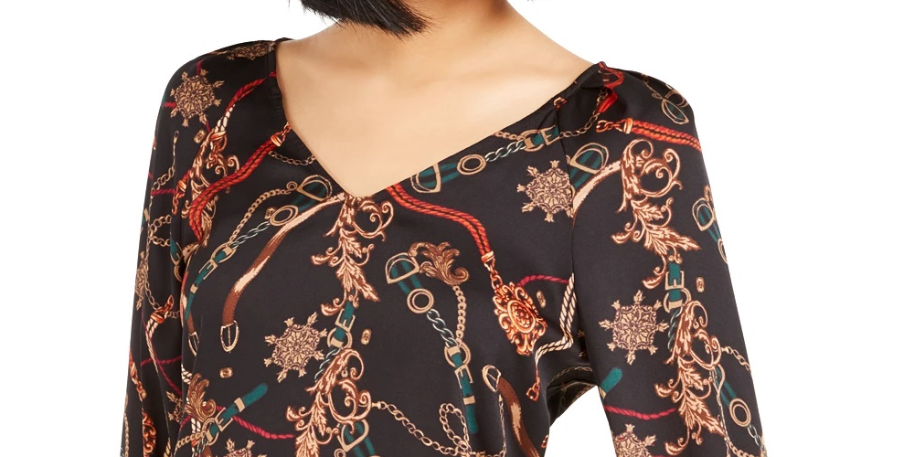 Bar III Women's Printed V-Neck Top Charcoal Size Large