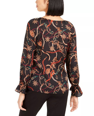 Bar III Women's Printed V-Neck Top Charcoal Size Small