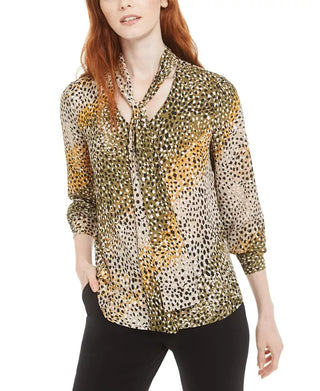 Bar III Women's Printed Tie Neck Top Dark Green Size Medium