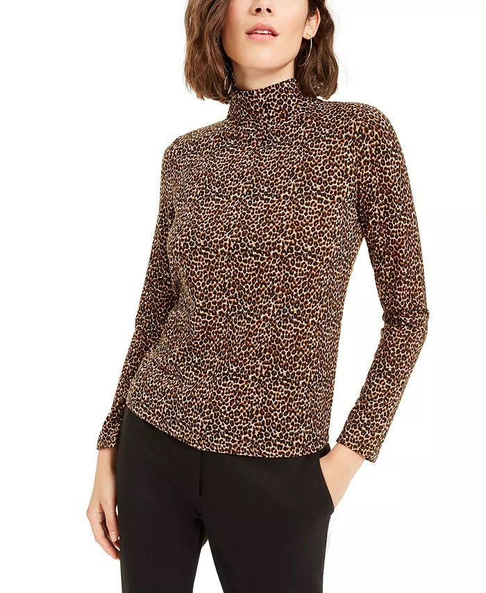 Bar III Women's Animal Print Turtleneck Top Brown Size Small