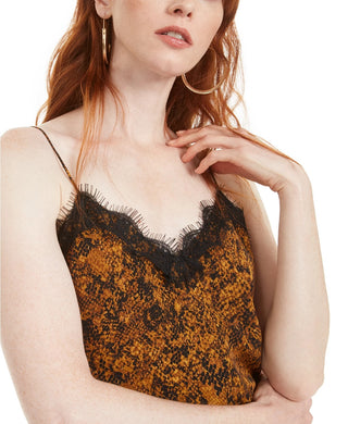 Bar III Women's Snake-Print Lace-Trim Top Med Yellow Size X-Small