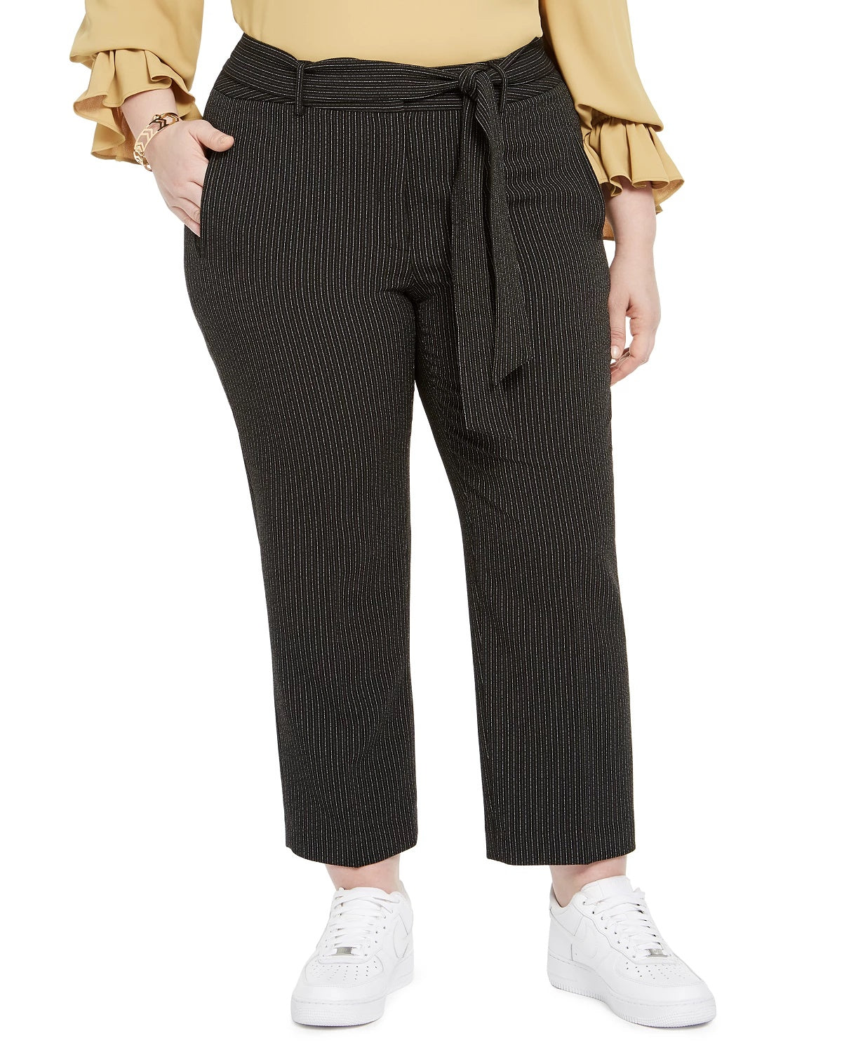 Bar III Women's Trendy Plus Striped Tie Waist Pants Charcoal Size 20W