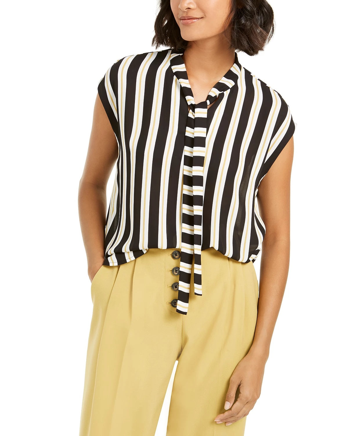 Bar III Women's Striped Tie Neck Blouse Black Size X-Large