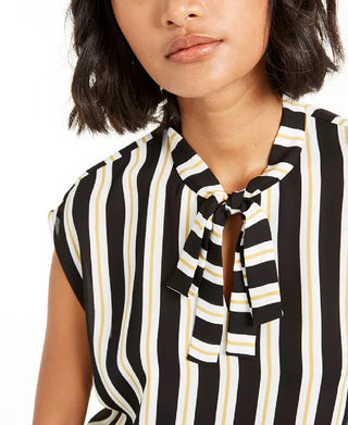 Bar III Women's Striped Tie Neck Blouse Black Size X-Large