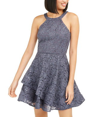 BCX Juniors' Glitter-Lace Dress Medium Gray Size 9