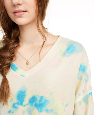 Freshman Junior's Cozy Tie Dyed V Neck Top White Size X-Large