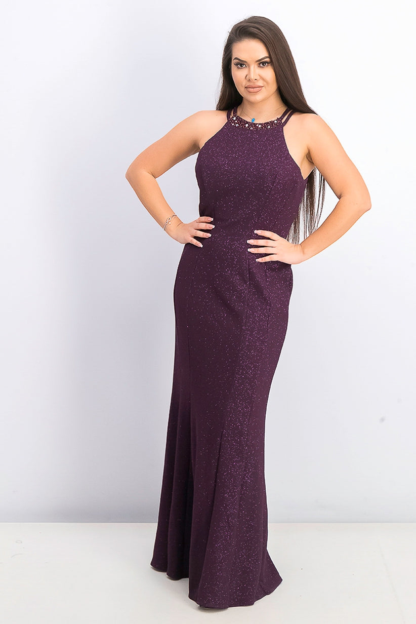 Nightway Women's Glitter Knit Gown Dark Purple Size 12