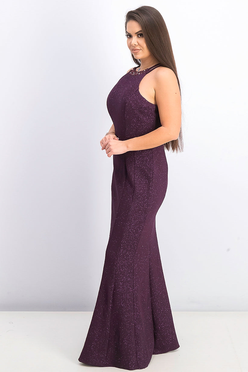 Nightway Women's Glitter Knit Gown Dark Purple Size 8