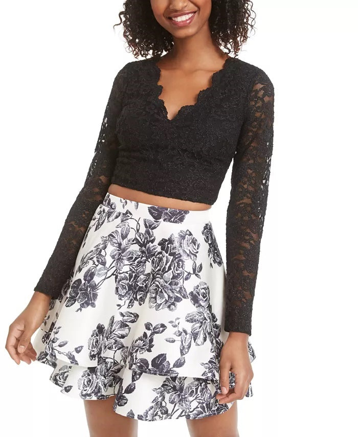 City Studios Junior's 2 Pc Lace & Floral Print Dress Black Size 1