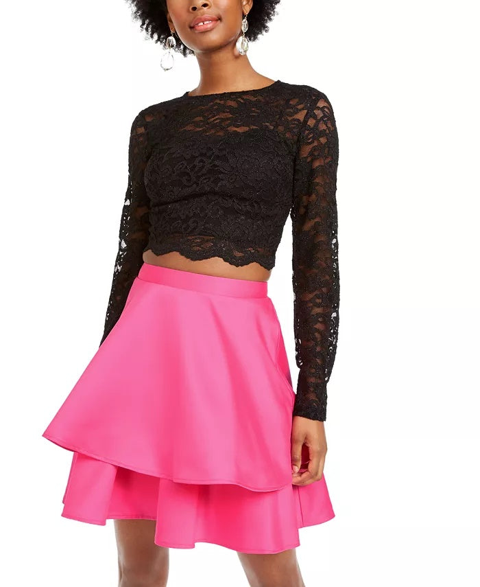 City Studios Junior's 2 Pc Lace Top & Satin Skirt Dress Pink Size 11