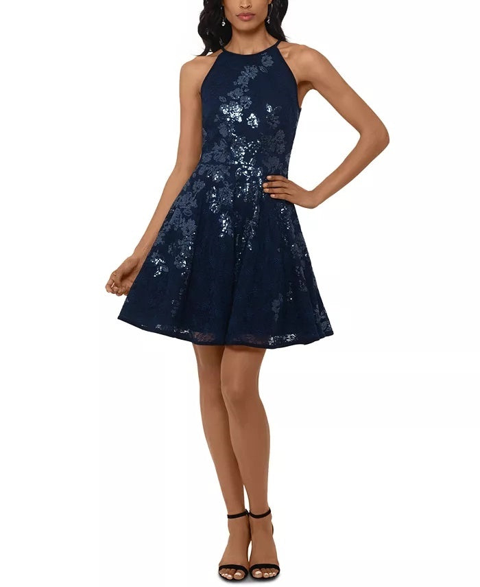 Xscape Women's Floral Sequin Lace Skater Dress Size Blue Size 6