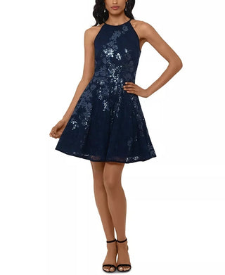 Xscape Women's Floral Sequin Lace Skater Dress Size Blue Size 6