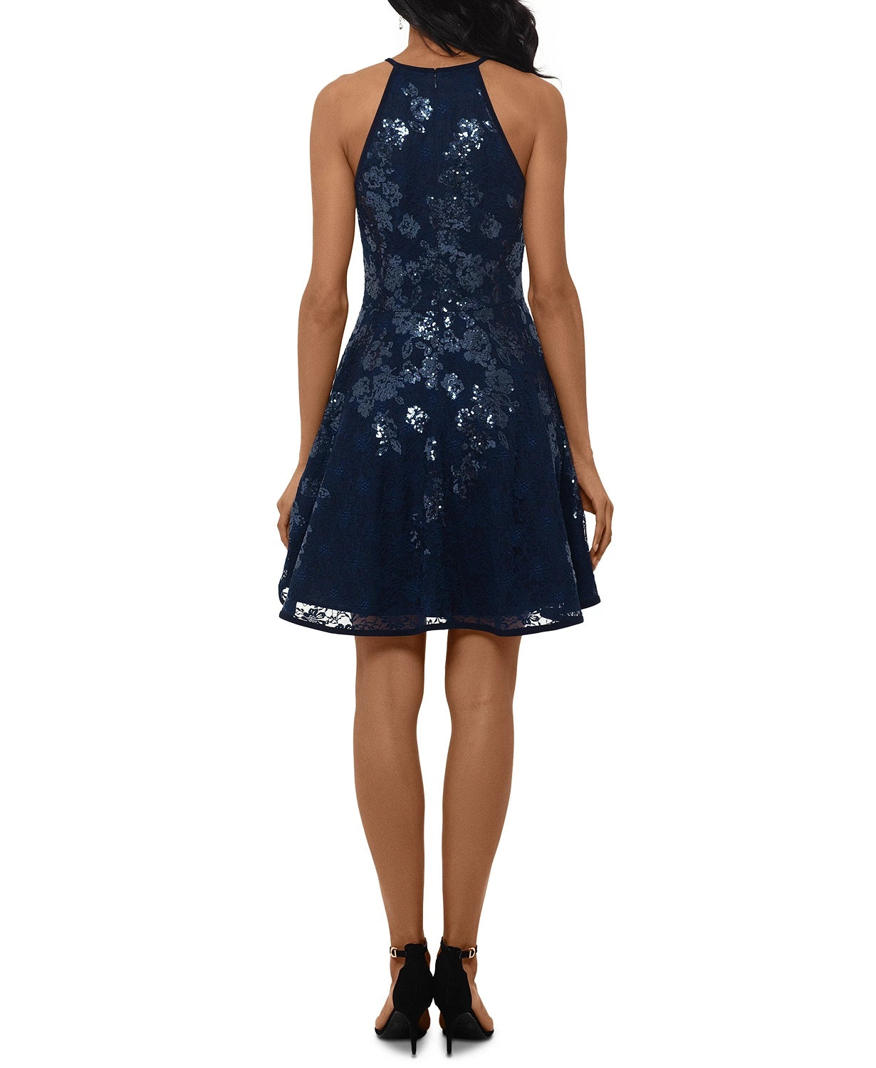 Xscape Women's Floral Sequin Lace Skater Dress Size Blue Size 6