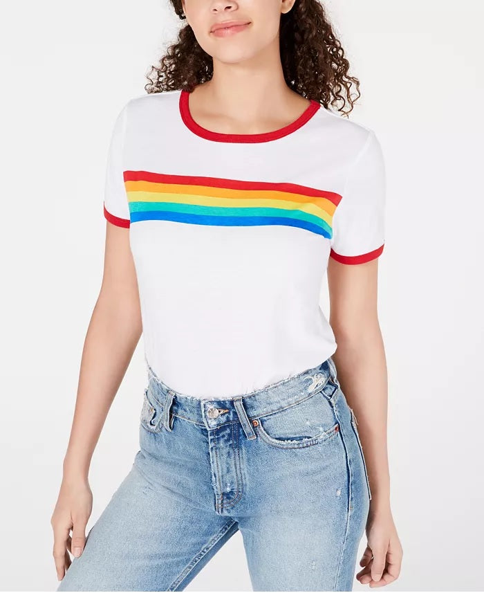 Love Tribe Juniors' Rainbow Stripe Graphic Ringer T-Shirt White Size Large