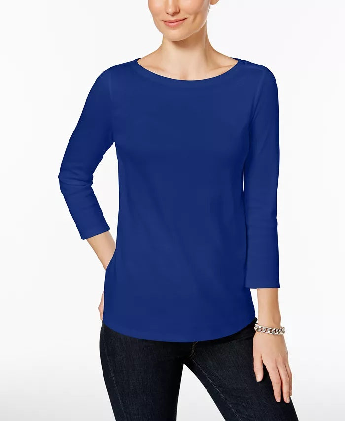 Charter Club Women's Pima Cotton Button Shoulder Top Medium Blue Size Petite Small