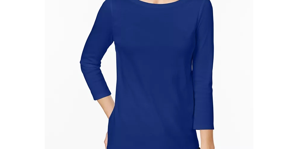 Charter Club Women's Pima Cotton Button Shoulder Top Medium Blue Size Petite Small