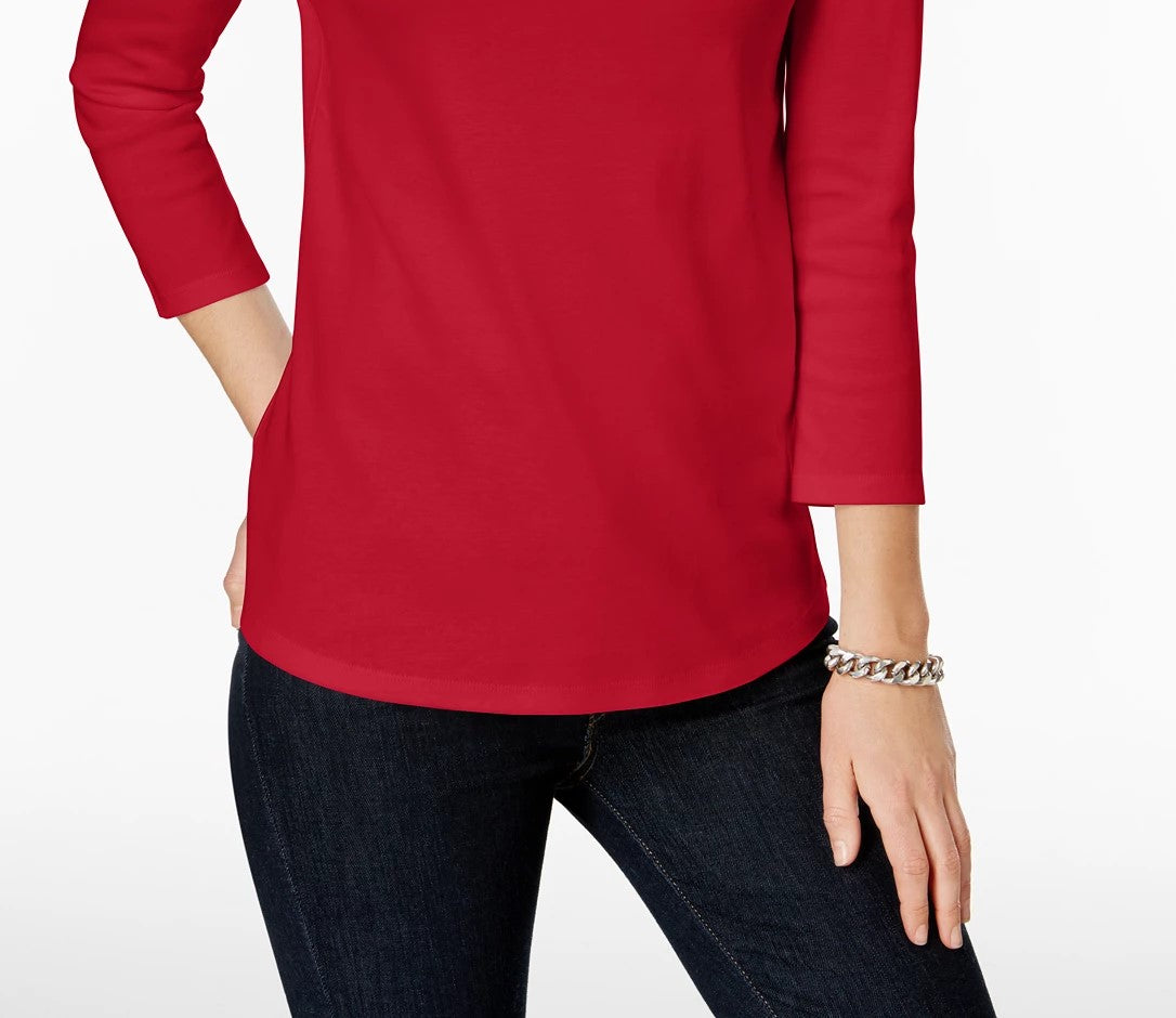 Charter Club Women's Petite Pima Cotton Button-Shoulder Top Red Size Petite