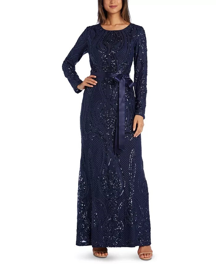 R & M Richards Women's Sequined Open Back Gown Navy Size 8 Pettite