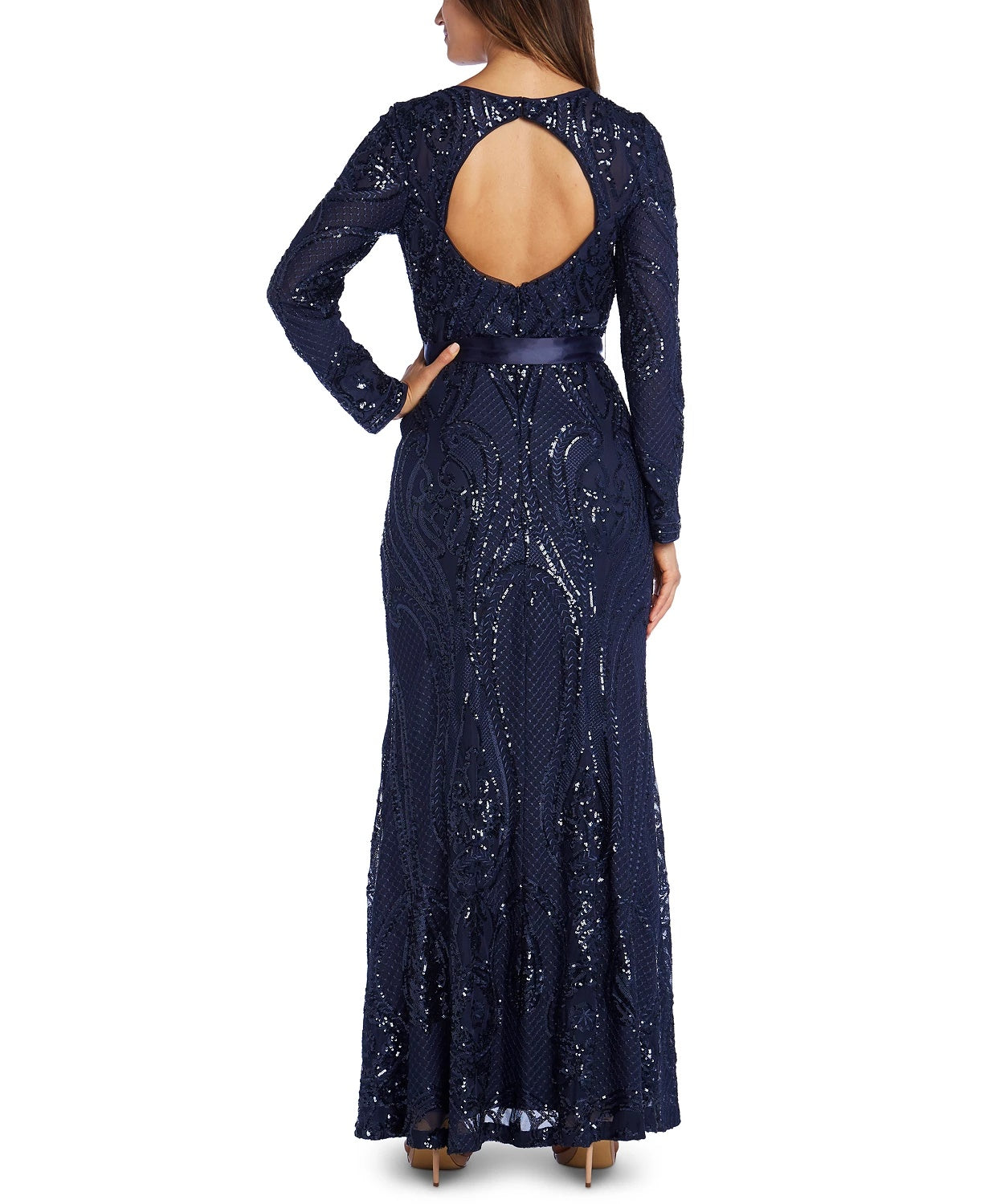 R & M Richards Women's Sequined Open Back Gown Navy Size 8 Pettite