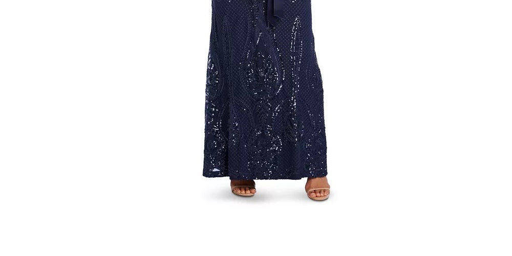 R & M Richards Women's Sequined Open Back Gown Navy Size 8 Pettite