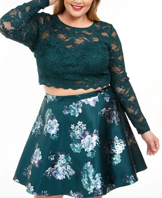 City Studios Women's Trendy Plus Size 2-Pc. Lace & Floral-Print Dress Green Size 18W