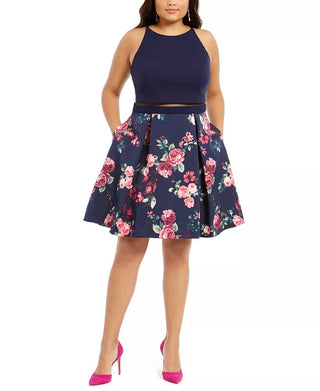 B Darlin Women's Trendy Plus Size Illusion Floral-Print Fit & Flare Dress Navy Size 20